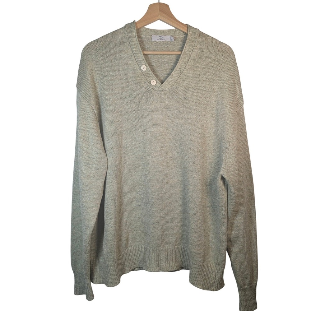 Ines Meain Ireland Aran Islands Linen V-Neck Button Sweater Green XL - Picture 1 of 5